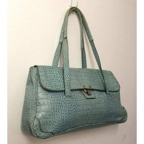 HILFIGER LIGHT BLUE AQUA CROCO PRINT GENUINE LEATHER TOTE SHOULDER BAG HANDBAG - Picture 3 of 8